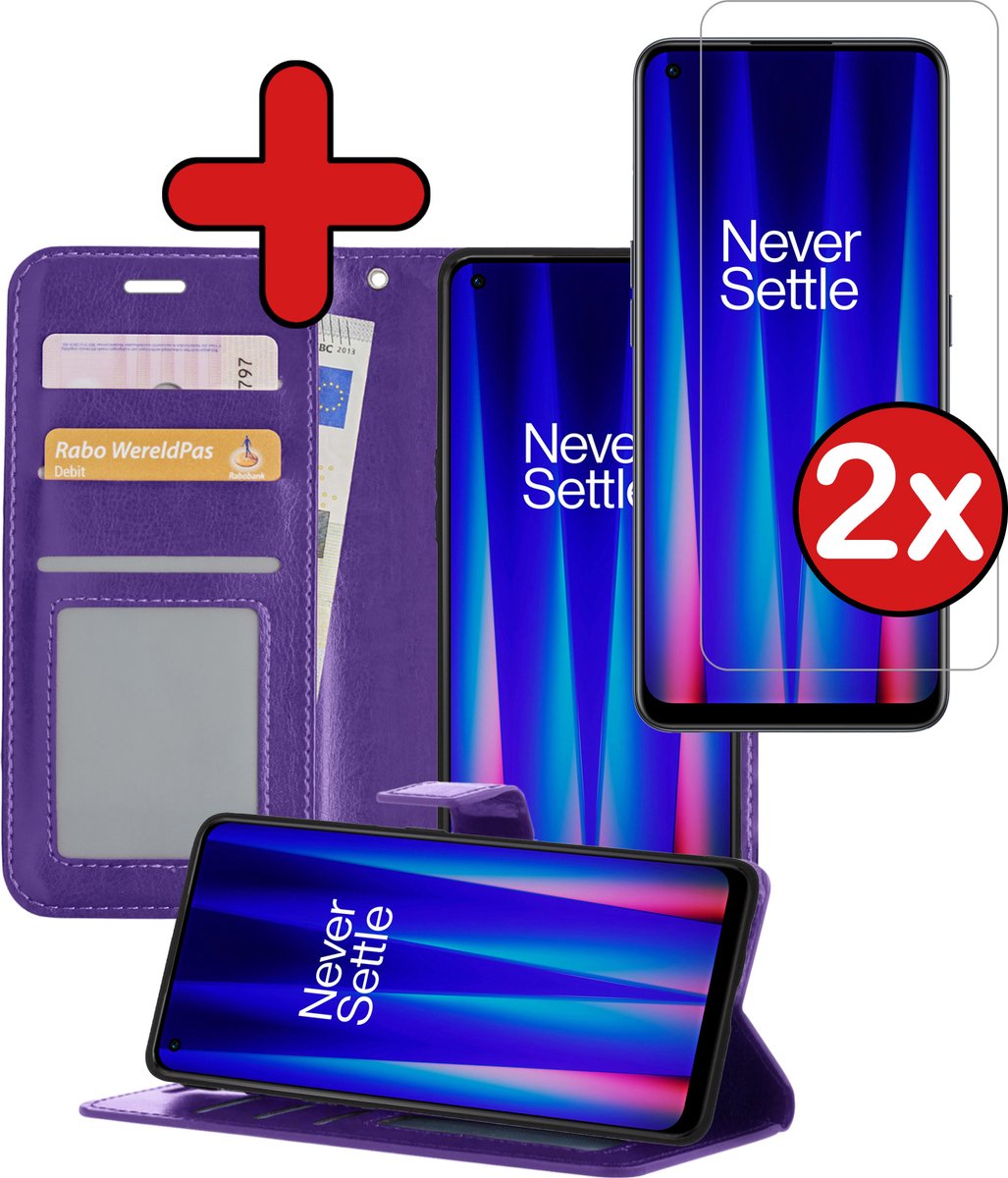 Hoesje - Met 2x Screenprotector - Geschikt voor OnePlus Nord CE 2 - Luxe Pasjeshouder - Flip Case - Bookcase Portemonee - Kunstleer Book Case - Flipcase Hoes - Book Cover - Walletcase - Portemonneehoes - Telefoonhoes - Paars