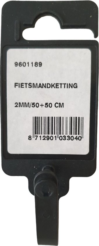 Zwart verpakking met 'Fietsmandketting 2MM/50+50 CM' en barcode.