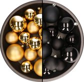 Kerstversiering kunststof kerstballen kleuren mix zwart/goud 6-8-10 cm pakket van 44x stuks