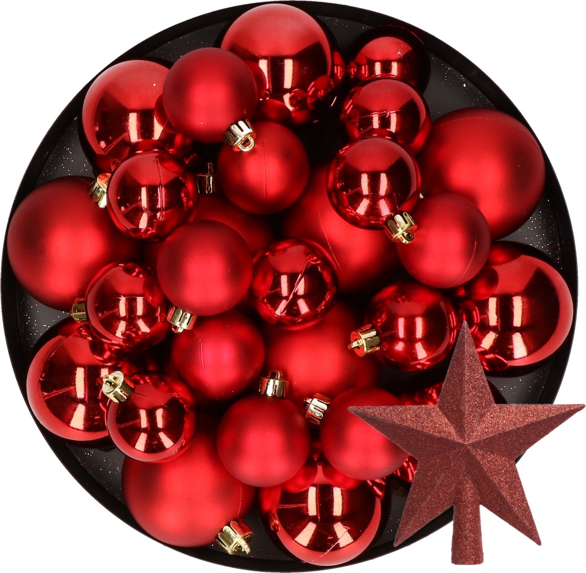 Kerstversiering kunststof kerstballen met piek rood 6-8-10 cm pakket van 45x stuks - Kerstboomversiering