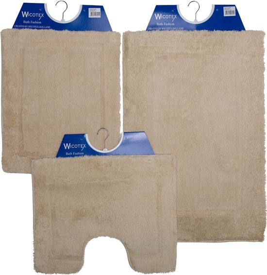 Wicotex-Badmat-set-Badmat-Toiletmat-Bidetmat uni beige-Antislip onderkant-WC mat-met uitsparing