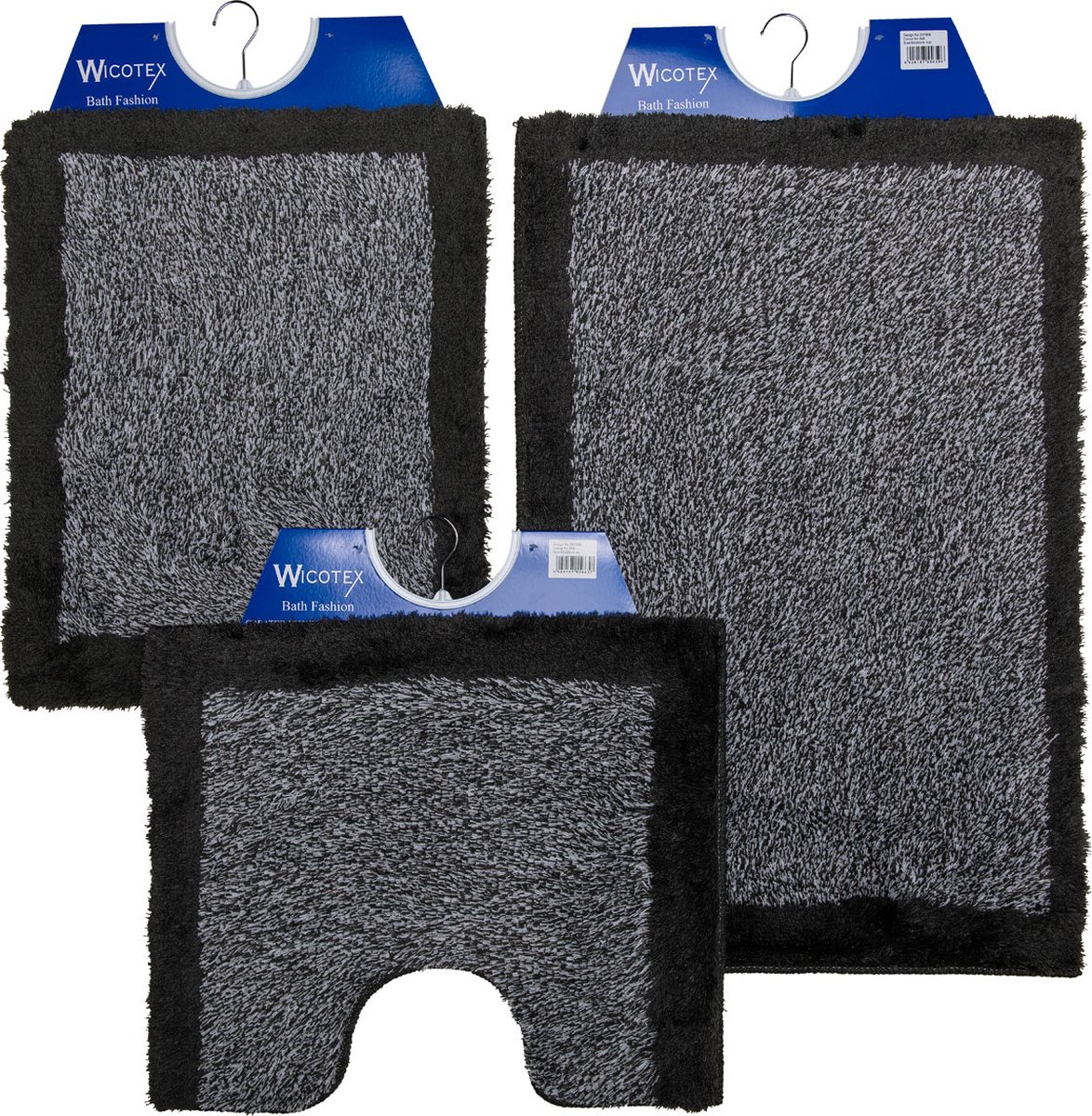 Wicotex - Badmat set - Badmat - Toiletmat - Bidetmat Grijs met Zwarte rand - Antislip onderkant - WC mat met uitsparing