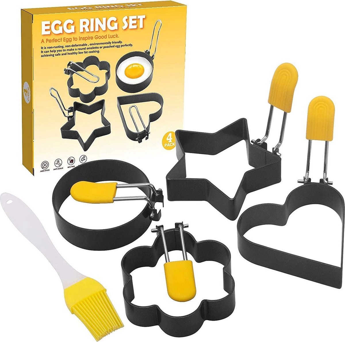 BOTC Ei vormpje RVS - Fried Egg Mold + Een Gratis Bakborstel - Gebakken Ei Pancake - 4 stuks set