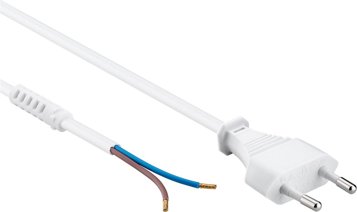 CEE 7/16 - 2-aderig open eind stroomkabel met trekontlasting - 2x 0,75mm / wit - 1,5 meter