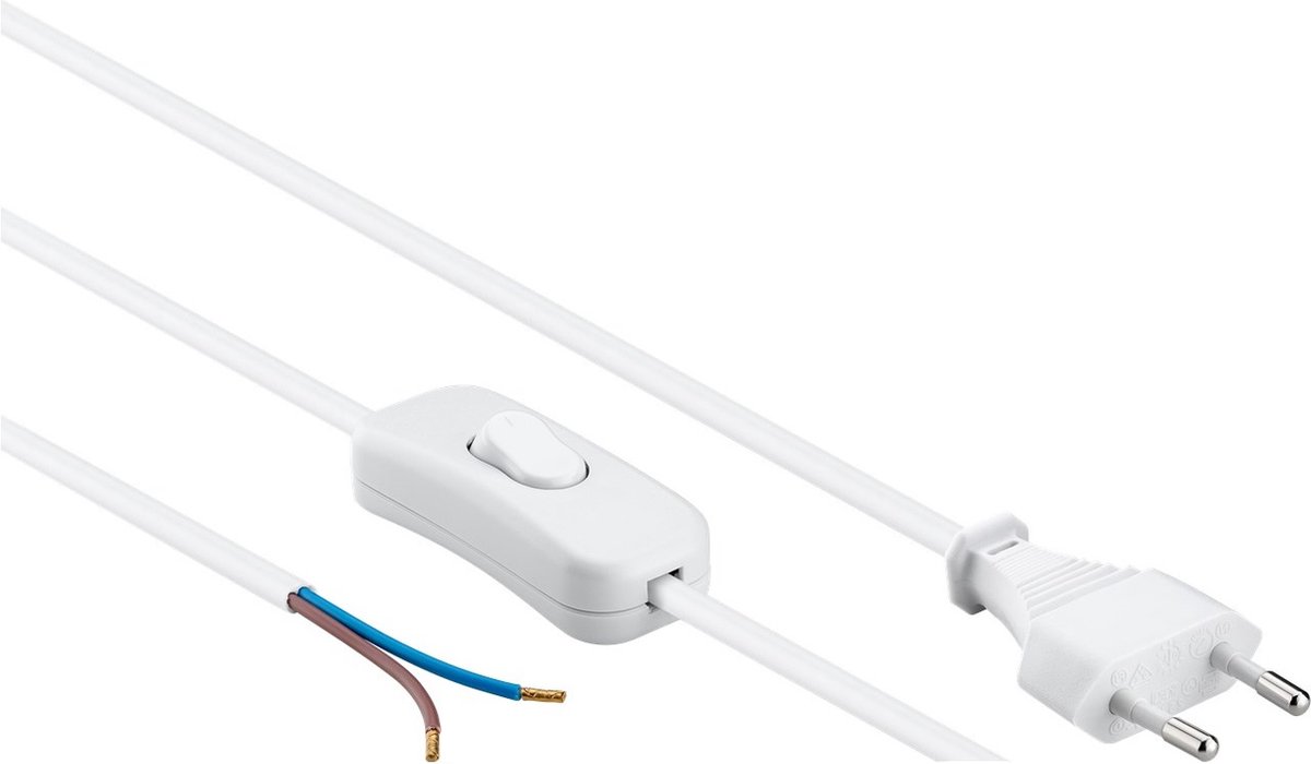 CEE 7/16 - 2-aderig open eind stroomkabel met schakelaar - 2x 0,75mm / wit - 1,5 meter