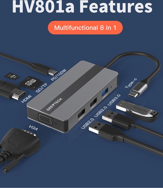 Greytech USB C Laptop Docking station met 4K HDMI VGA 60HZ 1920*1080