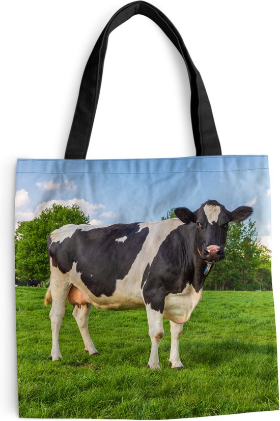MuchoWow® Schoudertas - Strandtas - Big Shopper - Boodschappentas - Koe - Gras - Dieren - 40x40 cm - Katoenen tas