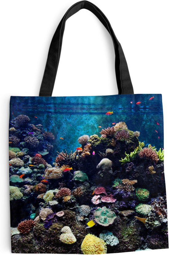 MuchoWow® Schoudertas - Strandtas - Big Shopper - Boodschappentas - Aquarium met tropische vissen en koralen - 45x45 cm - Katoenen tas