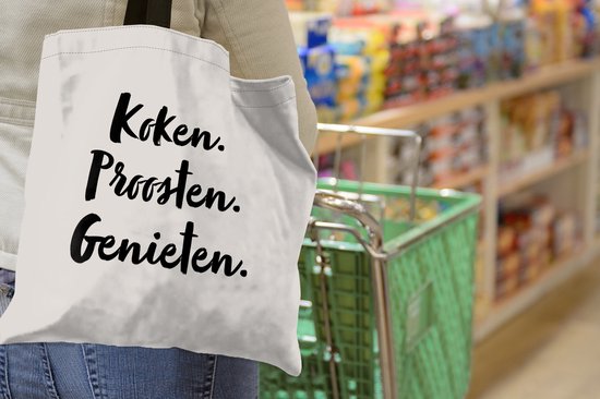 MuchoWow® Schoudertas - Strandtas - Big Shopper - Boodschappentas - Koken. proosten. genieten. - Quote - Taupe - 45x45 cm - Katoenen tas
