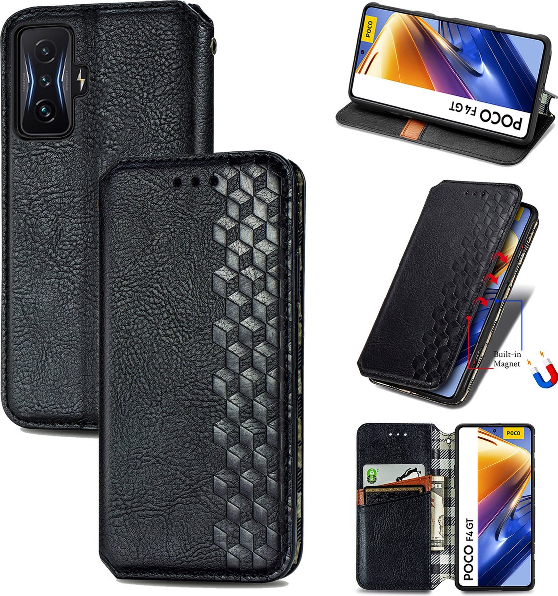 Luxe PU Lederen Ruitpatroon Wallet Case + Screenprotector voor Xiaomi Poco F4 GT _ Zwart