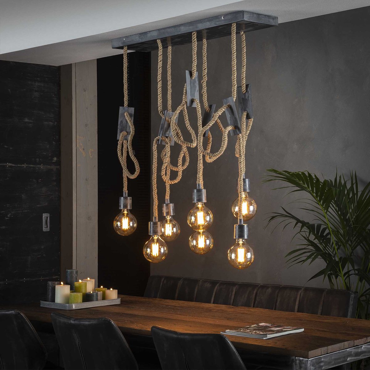 Hanglamp touw 3+4 | 7 lichts | bruin / grijs | touw / metaal | in hoogte verstelbaar tot 150 cm | 87 cm breed | eetkamer / eettafel lamp | modern / sfeervol design