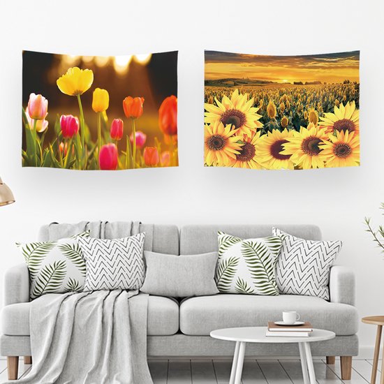 Ulticool – Wandkleed - Tulpen Bloemen Natuur Zonnebloem Zon Zomer – Set van 2 designs - 73 cm x 95 cm – Schilderij Wandtapijt Stof – Poster Art – Geel Roze Oranje