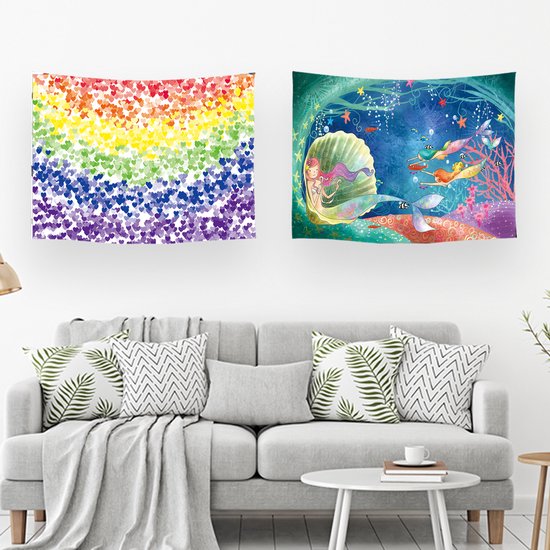 Ulticool – Wandkleed - Regenboog Hartjes Zeemeermin Kinderkamer – Set van 2 designs - 73 x 95 cm – Schilderij Wandtapijt Stof – Poster Art – Meerkleurig