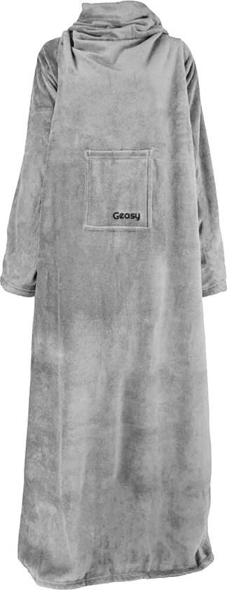 Lichtgrijze fleecedeken met mouwen, capuchon en buidelzak met 'Geasy' logo.