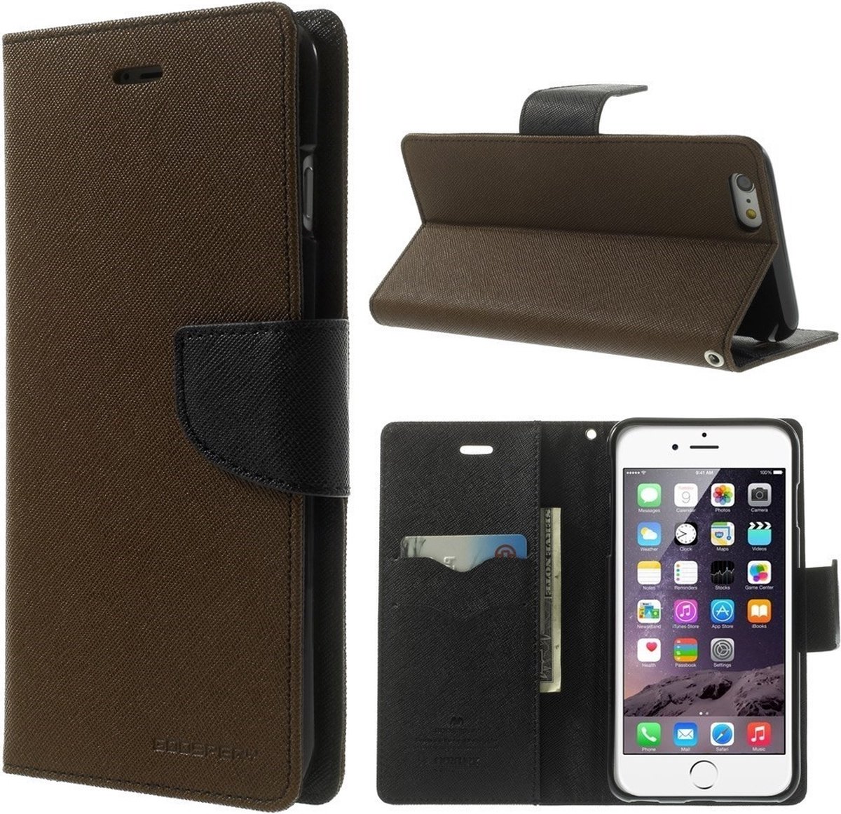 Mercury Goospery Bookcase hoesje iPhone 6 Plus 6s Plus Wallet case Bruin zwart portemonnee