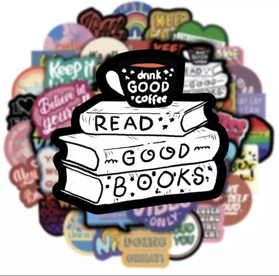 Sticker van een stapel boeken met de tekst 'Read Good Books' en een kopje 'Drink Good Coffee'.