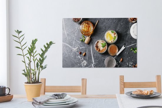 Canvas Schilderij Honing - Specerijen - Keuken - Marmer - 60x40 cm - Wanddecoratie