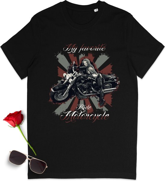 Tshirt met sexy meisje en motor print - Biker motorrijder t shirt - T shirt heren en dames - Unisex maten: S t/m 3XL - Kleur: zwart.