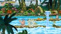 Mac springt over stenen in een jungle rivier. Game-interface met score en levens.