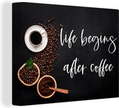 Canvas schilderij 160x120 cm - Wanddecoratie Quotes - Spreuken - Life begins after coffee - Koffie - Muurdecoratie woonkamer - Slaapkamer decoratie - Kamer accessoires - Schilderijen
