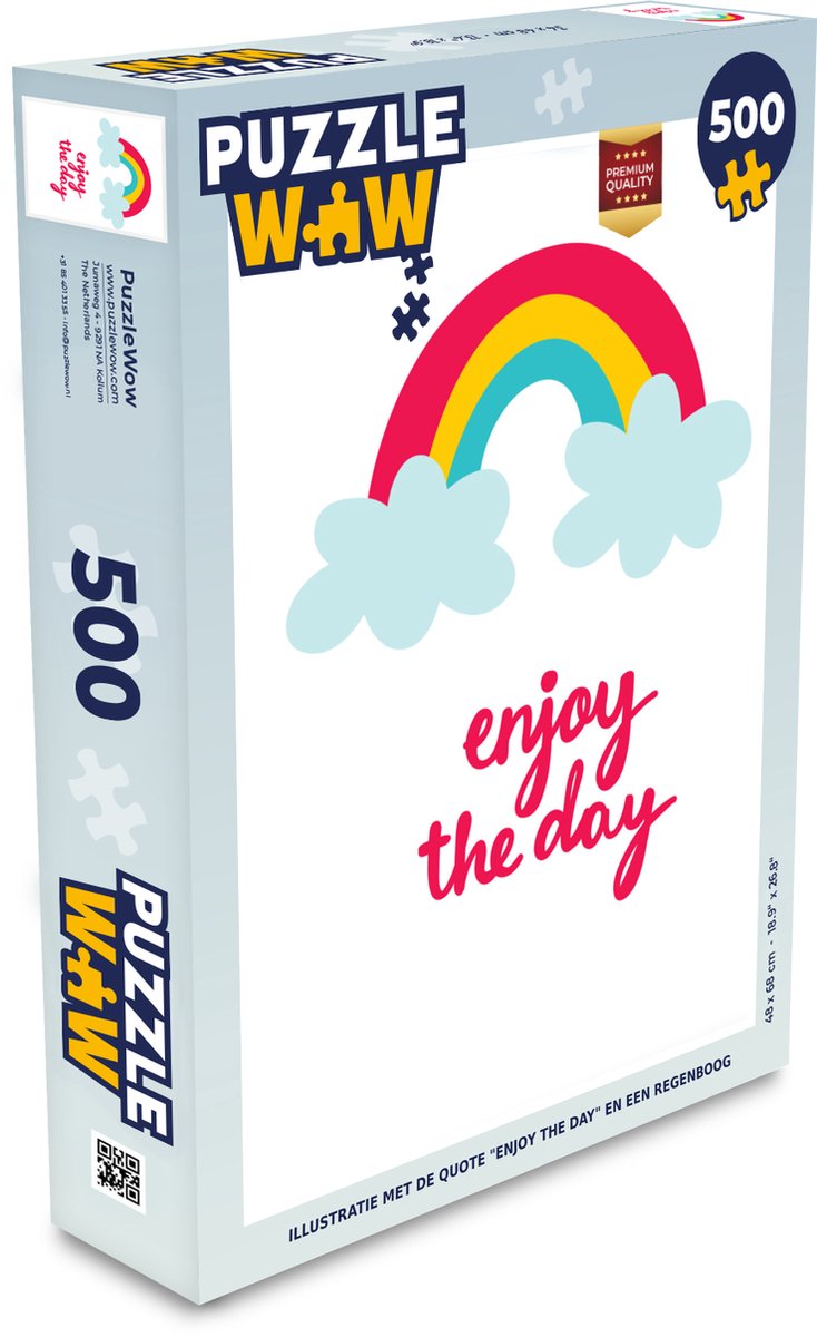 Puzzel Illustratie met de quote "Enjoy the day" en een regenboog - Legpuzzel - Puzzel 500 stukjes