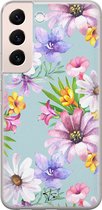 Mooie Telefoonhoesjes - Hoesje geschikt voor Samsung Galaxy S22+ - Mint bloemen - Soft Case - TPU - Bloemen - Blauw