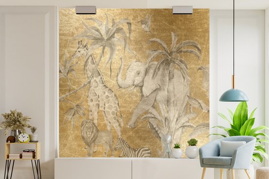 Papier Peint - Papiers Papier peint photo Palmiers - Éléphants - Enfants - Or - Largeur 240 cm x Hauteur 240 cm