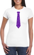 Toppers Wit fun t-shirt stropdas met paarse glitters dames S