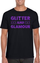 Zwart Glitter and Glamour t-shirt met paarse glitter letters heren - VIP/glamour kleding XL