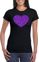 Zwart t-shirt hart met paarse glitters dames - Themafeest/feest kleding XL