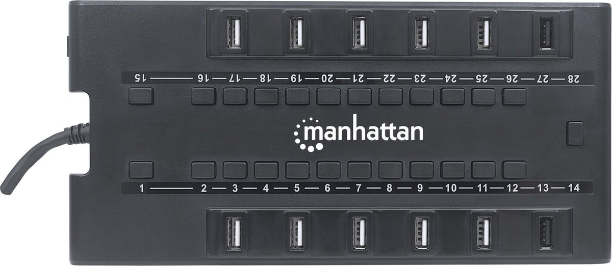 Manhattan MondoHub II, USB 2.0, USB 2.0, USB 3.2 Gen 1 (3.1 Gen 1) Type-A, 5000 Mbit/s, Zwart, Kunststof, Stroom