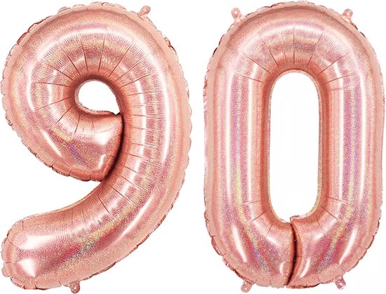 Ballon Cijfer 90 Jaar Rose Goud Helium Ballonnen Verjaardag Versiering Feest versiering Met Rietje Glitter - 86Cm