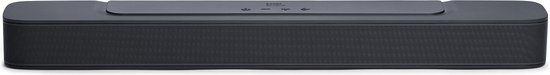 Barre de son JBL noire, photographiée de face, avec une grille métallique.