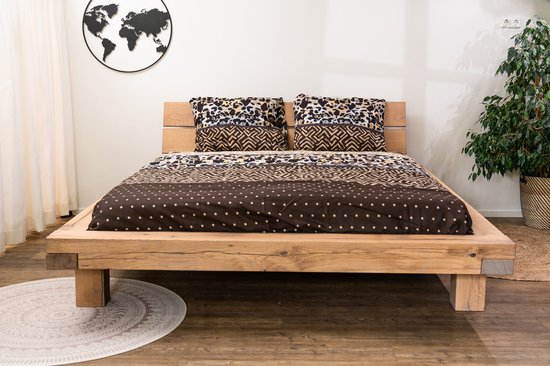 balken bed - puur natuur - massief eiken - inclusief hoofdbord en open nachtkastje -... | bol.com