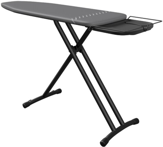 Grijze strijkplank met zwart metalen onderstel en een uitschuifbaar plankje.