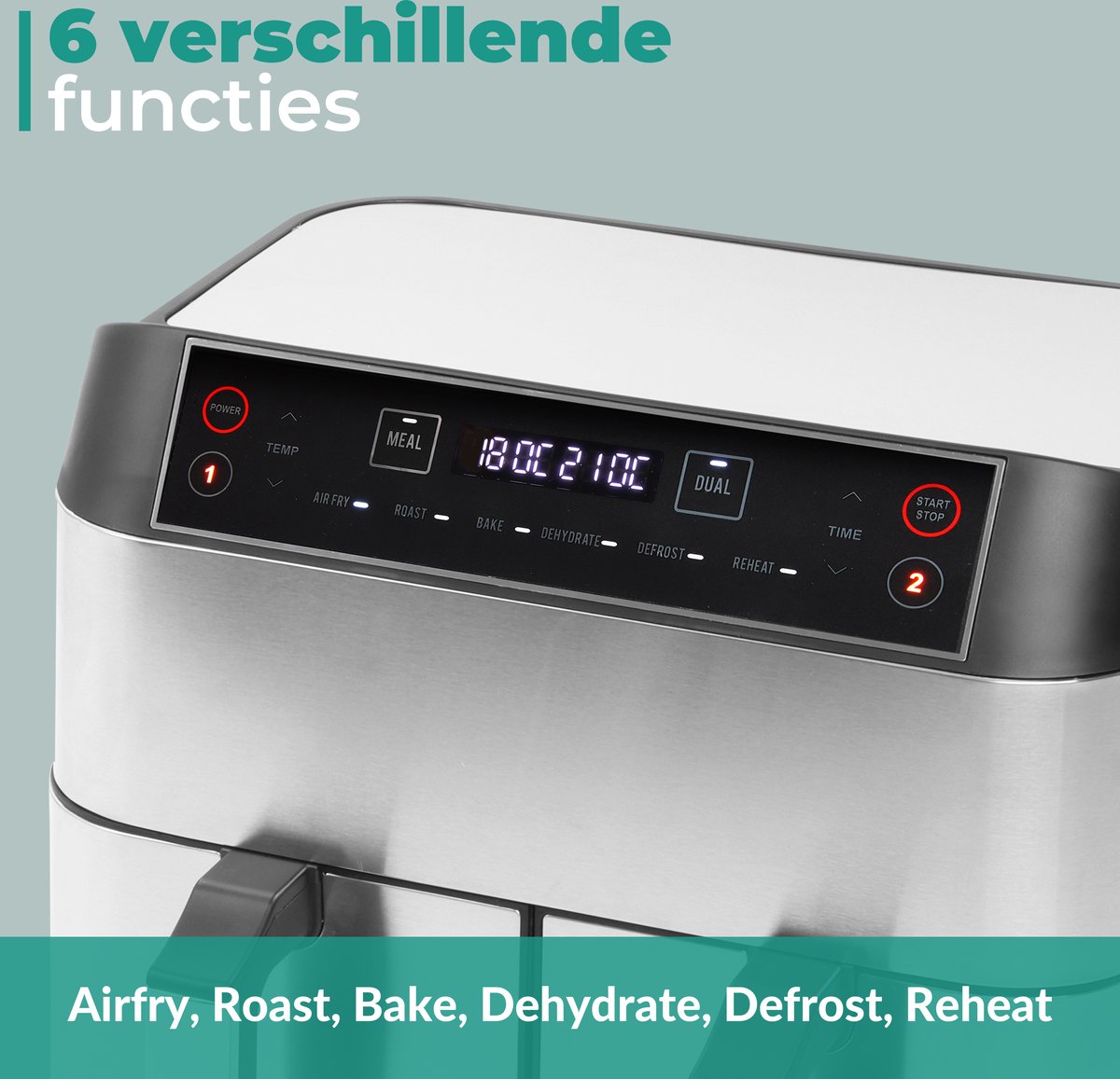 Afbeelding 2 van Niceey Dubbele Airfryer XXL - Twee Kookvakken - Dubbele Airfryer - 8.0 Liter - 2460 Watt - Hetelucht friteuse - Incl. Kookboek - Zilver
