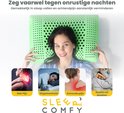 Vrouw met groen ergonomisch kussen, met illustraties van nekpijn, slapeloosheid, schouderpijn en draaien in bed.