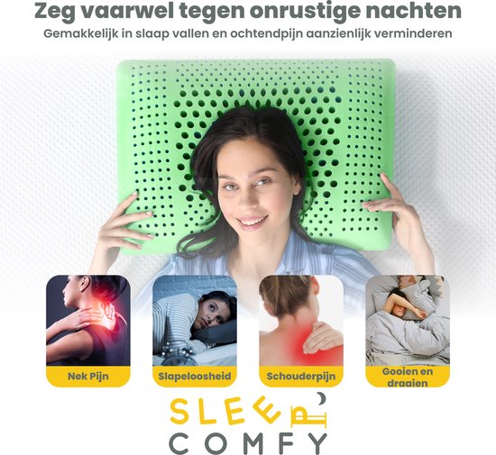 Vrouw met groen ergonomisch kussen, met illustraties van nekpijn, slapeloosheid, schouderpijn en draaien in bed.