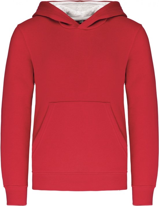 K453 - Kinder hooded sweater met gecontrasteerde capuchon, Rood/Wit, maat 12/14 jaar