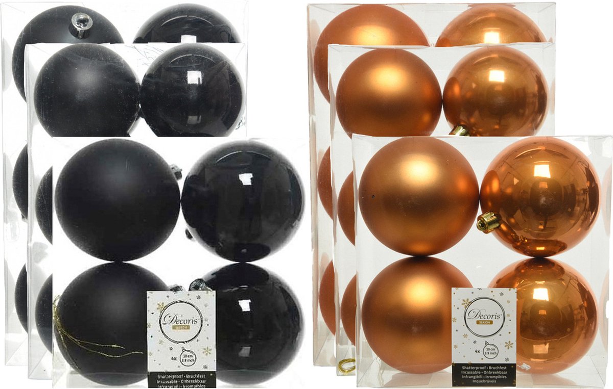 Kerstversiering kunststof kerstballen kleuren mix zwart/cognac 6-8-10 cm pakket van 44x stuks - Decoris