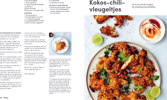 Kokos-chili v^{+}(v klein schaal met kip-nuggets en een dipsaus, met limoenschijfjes en koriander.