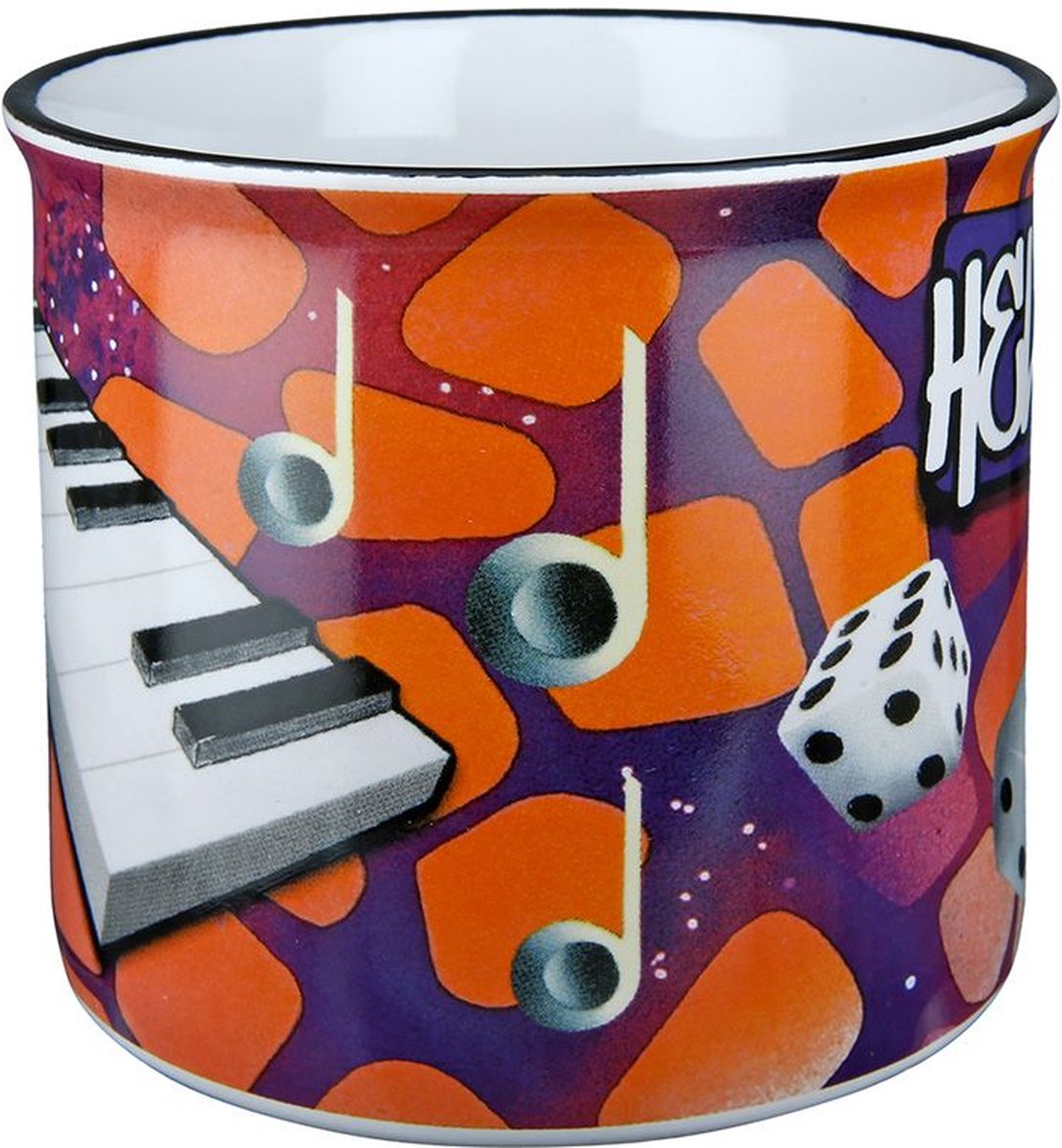 Hello musik koffiemok / theebeker - 390 ml - oranje - 3 dezelfe mokken streetart bedankt cadeau collega muziekliefhebber piano