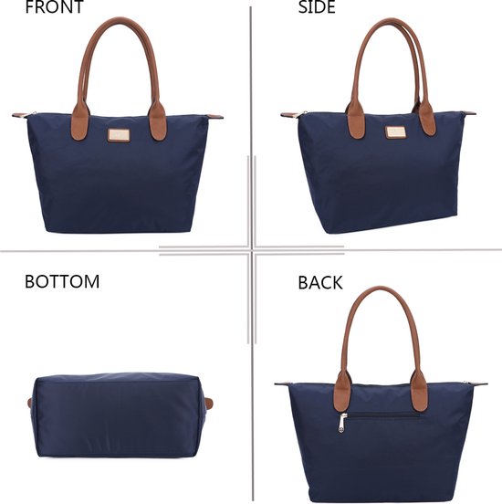 Quatre vues d'un sac en nylon bleu foncé avec anses en cuir marron : avant, côté, bas et dos.