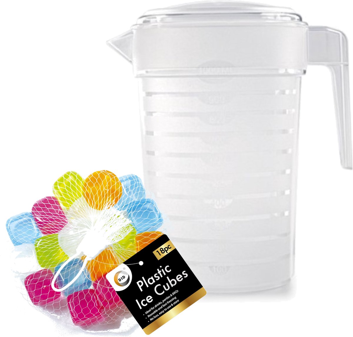 Set water/sap/schenkkannen set van 2x stuks met deksels van 2000 ml met 18x herbruikbare ijsklontjes - Gekoelde drankjes serveren