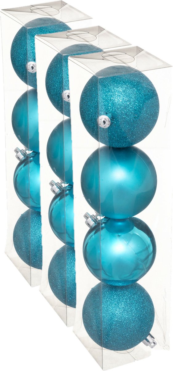 Set van 12 turquoise blauwe kunststof kerstballen, 8 cm diameter.
