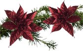 Kerstboom bloemen op clip - 2x stuks - rood glitter - kunststof- 15 cm