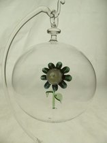 Glasdecoratie - hanger - 10 cm rond - glasbol - mondgeblazen - bloem groen/wit