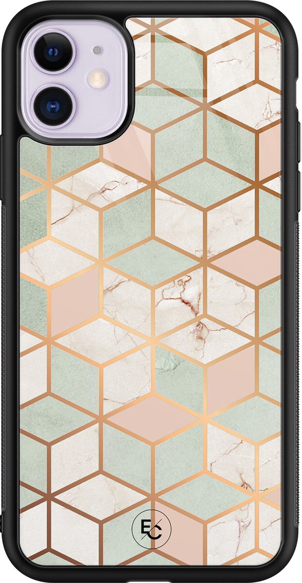Hoesje geschikt voor iPhone 11 - Pastel kubus - Luxe Hard Case - Print - Multi - Mooie Telefoonhoesjes