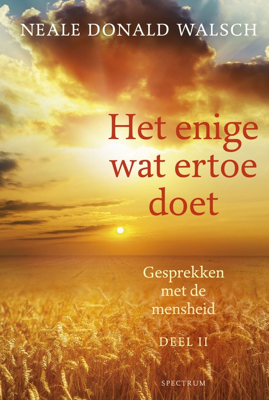 Boekomslag van "Het enige wat ertoe doet", met zonsondergang boven korenveld, door Neale Donald Walsch.