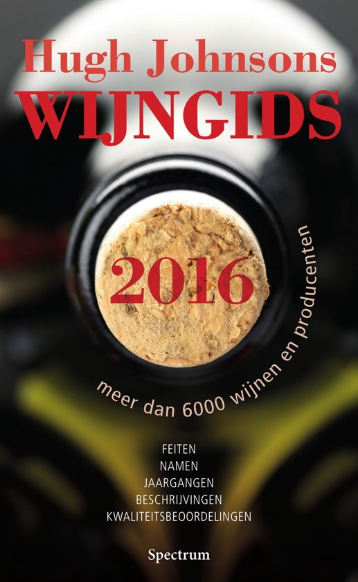 Boekomslag van 'Hugh Johnsons Wijngids 2016' met focus op een wijnkurk met 2016 erop.